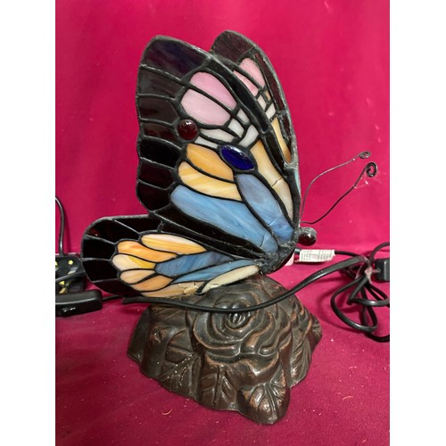 923 - Butterfly and Tortoise lamps with tiffany style glass. Some repair needed to both.