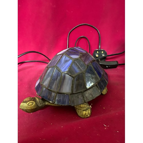 923 - Butterfly and Tortoise lamps with tiffany style glass. Some repair needed to both.