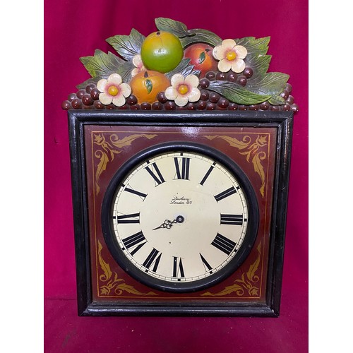 929 - Decorative wooden clock from Country Corner. Quartz movement and 1 hand missing, 60cms tall.