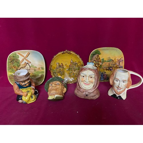 933 - Selection of Legend decorative plates, 3 Toby Jugs including Friar Tuck and William Shakespeare, Bos... 