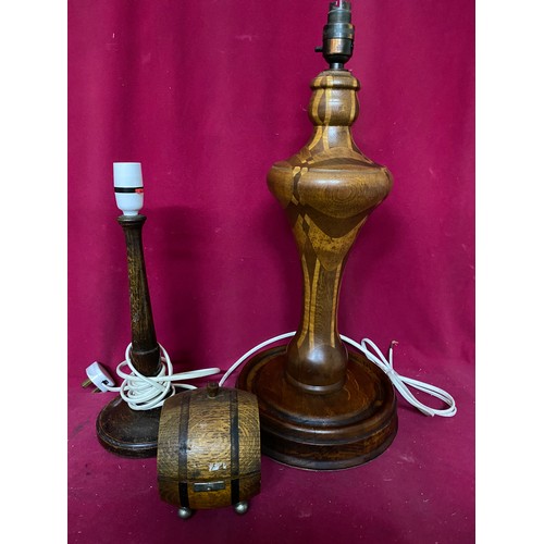 936 - Selection of 2 wooden lamp bases and wooden barrel box. Tallest lamp is 56cms.