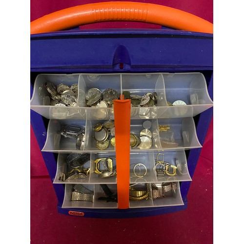 937 - Selection of watch parts and straps in display case. 32x46cms.