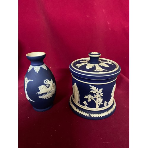 672 - Selection of Cobalt blue jasperware jugs and bowls, some damage