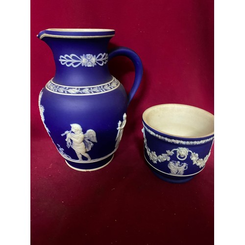 672 - Selection of Cobalt blue jasperware jugs and bowls, some damage