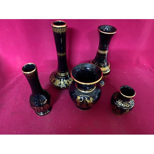 678 - Selection of Black and gold pottery vases and urns hand made in Greece.