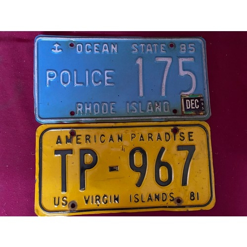 984 - 2 American reg plates, a Ocean State police plate and a American Paradise US virgin plate