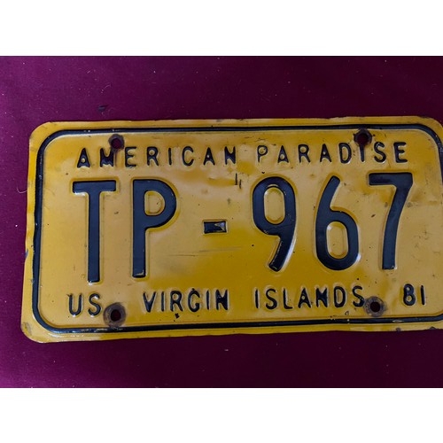 984 - 2 American reg plates, a Ocean State police plate and a American Paradise US virgin plate