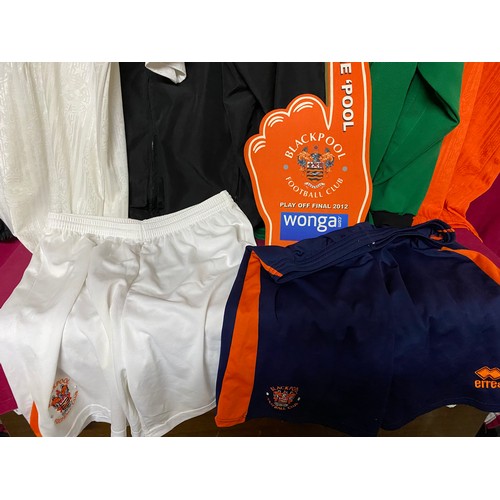 739 - Collection of vintage Blackpool FC shirts and shorts.