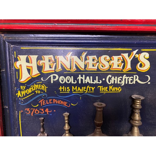 637 - Vintage Hennesey's wooden pool hall sign measuring 94 x 63 cms