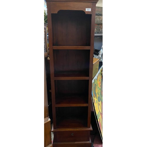 910 - Mahogany shelf unit with 4 shelves and drawer to base, 177x48cms