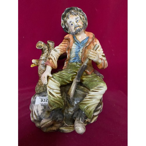 932 - Large piece of Capodimonte, man with gun sitting at fence, 34cms tall