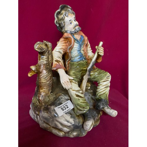 932 - Large piece of Capodimonte, man with gun sitting at fence, 34cms tall