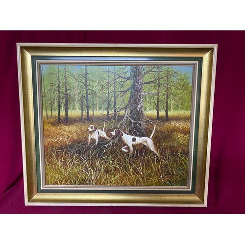 473 - Signed oil on canvas of 2 gun dogs in a wood by L Eiford. Framed and measures 74 x 64 cms