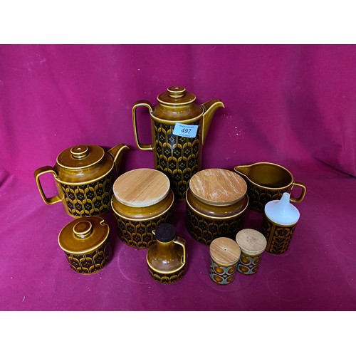 497 - Hornsea 'Heirloom' set comprising tea and coffee pot, milk and sugar bowl, 2 storage jars, salt, pep... 