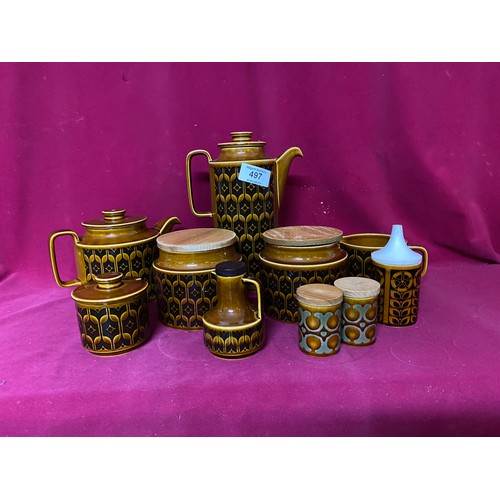 497 - Hornsea 'Heirloom' set comprising tea and coffee pot, milk and sugar bowl, 2 storage jars, salt, pep... 