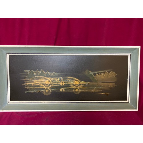 472 - Derek Ashley framed and signed print, 'Lotus Coventry Climax and Jim Clark – World Champions' measur... 