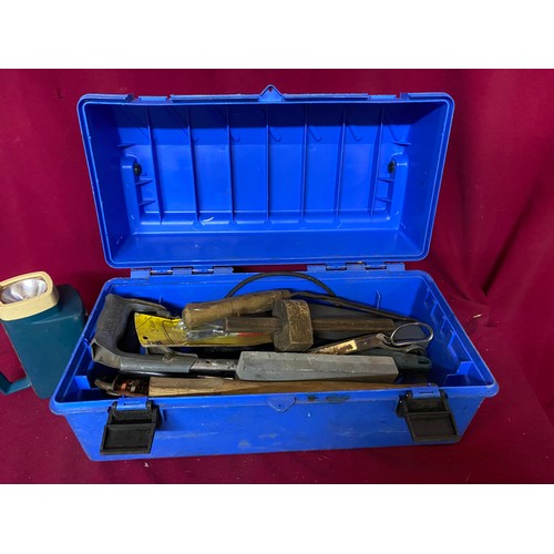 503 - Toolbox with assorted tools including hacksaw, heat gun, silicone gun, torch and tile cutter