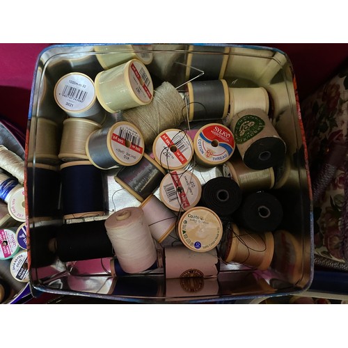505 - 5 boxes of vintage cotton reels of assorted sizes and colours mainly Sylko, and empty sewing box.