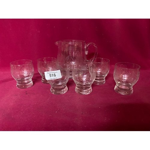 516 - Edwardian glass jug and 6 glasses, etched with floral design