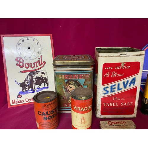 522 - Selection of vintage signs and tins including a Tetley drinks tray