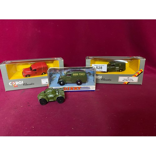 528 - 2 Corgi Classic vans with Dinky Radio Times van, all boxed. Also unboxed army truck