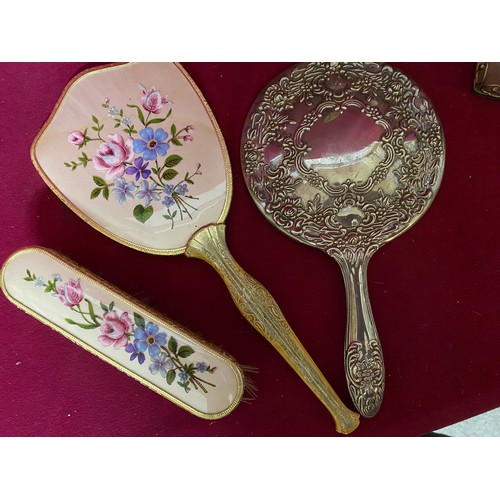 579 - 2 Dressing table hand mirrors and 1 brush with 3 perfume bottles. Matching set of mirror and brush w... 