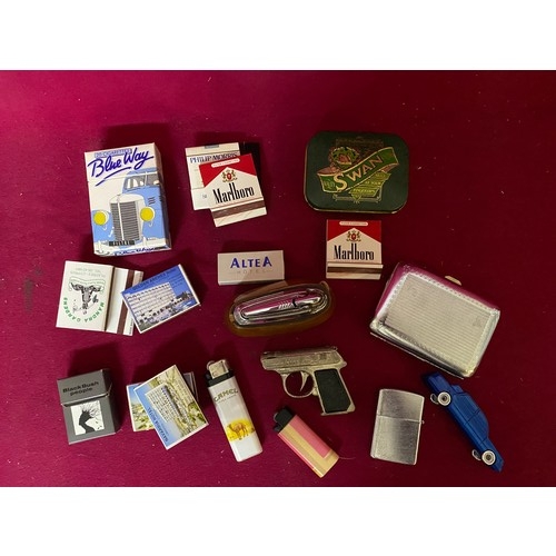 410 - Collection of novelty lighters, cigarette cases, matches and other tobacciana