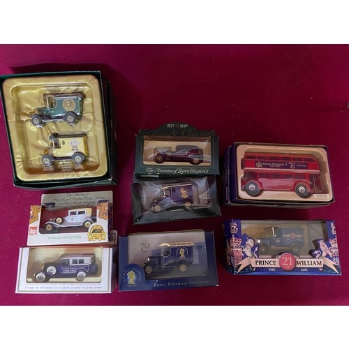490 - Collection of 8 Royal die cast models including Corgi CC82304 Routemaster Bus, Corgi CH1002 '60th bi... 
