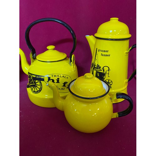 615 - 7 pieces of Mid century Polish yellow and black enamel pots, pans, kettle and ladles