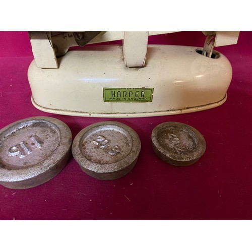 622 - Vintage Harper cream enamel weighing scales with weights and dish