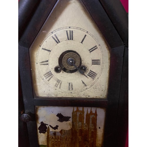 625 - Antique Jerome & Co USA Gothic clock with key and pendulum featuring Westminster Abbey