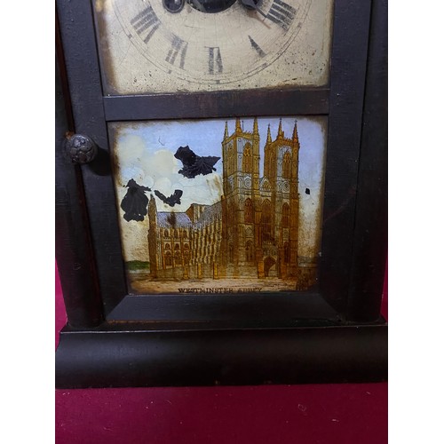 625 - Antique Jerome & Co USA Gothic clock with key and pendulum featuring Westminster Abbey