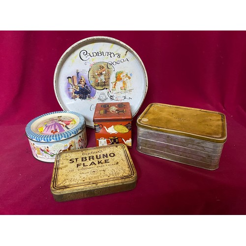 627 - Selection of vintage tins including tin sandwich box.