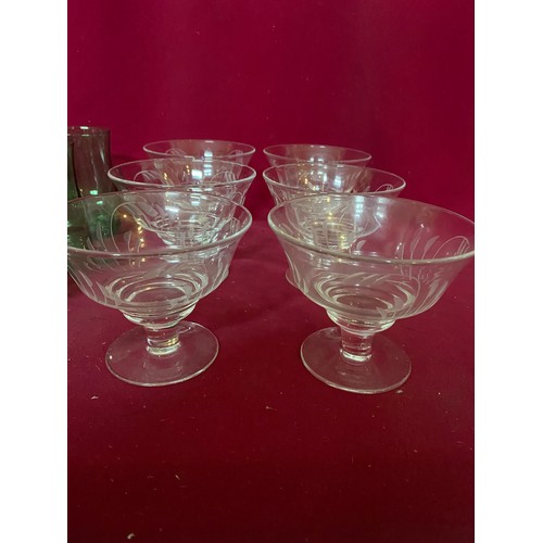 635 - 6 etched glass dessert bowls and 6 vintage green glasses.