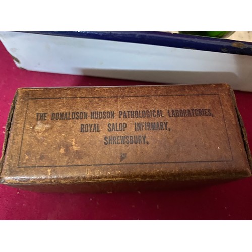 358 - Antique Donaldson and Hudson pathology slides, 2 glass eye wash baths, hospital thermometers, medica... 