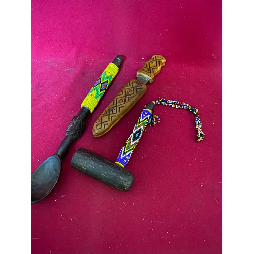 363 - Vintage American Indian wood beaded hammer and spoon. Also Aboriginal dagger in hand carved wooden s... 