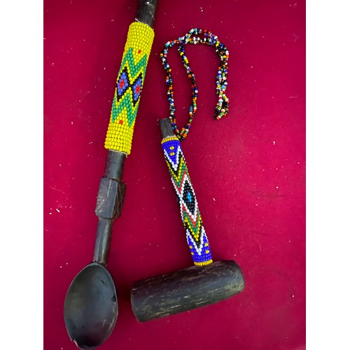 363 - Vintage American Indian wood beaded hammer and spoon. Also Aboriginal dagger in hand carved wooden s... 