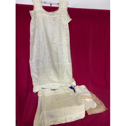 364 - Victorian silk and lace undergarment, Baby dress and 3 handmade silk handkerchiefs.