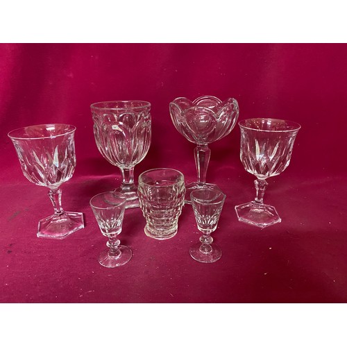 368 - Pair of Victorian Liquor glasses, 1900's Chippendale glass dessert bowl, pair of 1950's crystal wine... 