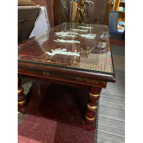 665 - Large coffee table in high gloss brown finish and Japanese scene decoration in Mother of Pearl. Glas... 