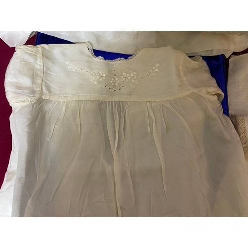 364 - Victorian silk and lace undergarment, Baby dress and 3 handmade silk handkerchiefs.