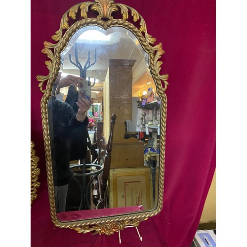 371 - Vintage Oval gilt dressing table mirror on stand. Also decorative gilt wall hanging mirror.
