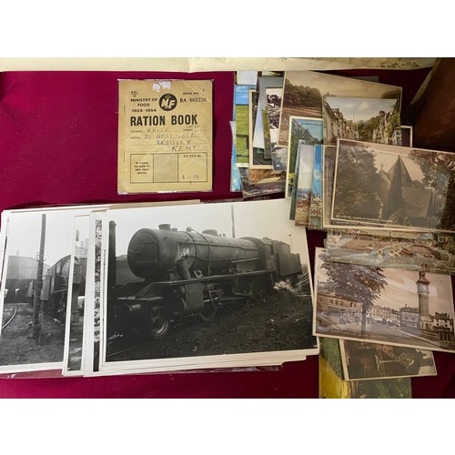 531 - Selection of old postcards, train photo's, Masonic poster and 2 books of Great War magazines.