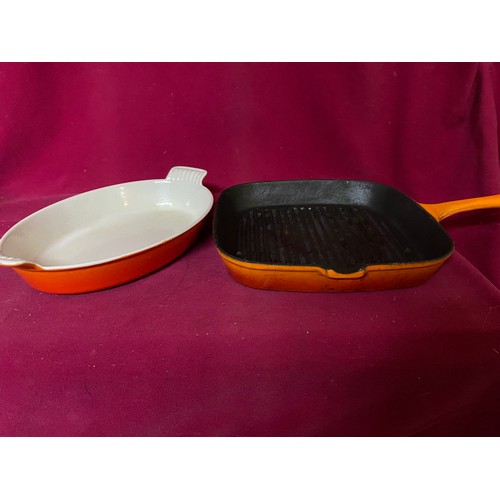 141 - Le Crueset griddle pan and serving dish. Also 2 Waterford Ireland enamel pans.