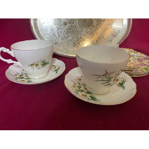 258 - Vintage Royal Stuart cups and saucers, Royal Albert July, Royal Winton Saucers, 2 square and 3 round... 