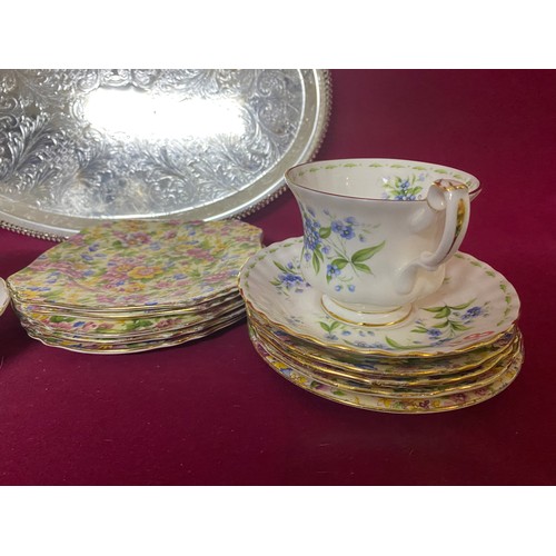 258 - Vintage Royal Stuart cups and saucers, Royal Albert July, Royal Winton Saucers, 2 square and 3 round... 