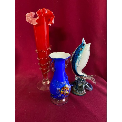 314 - Selection of coloured glassware with largest vase measuring  38 cms tall