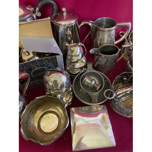 353 - Collection of metalware including teapot, coffee pots, money boxes