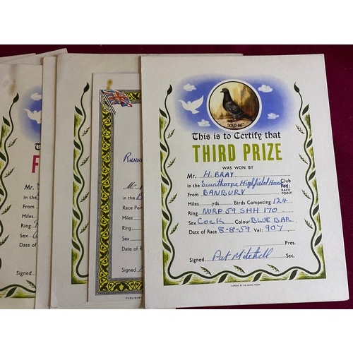 250 - Selection of 24 Pigeon prize certificates dating back to 1956.