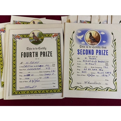 250 - Selection of 24 Pigeon prize certificates dating back to 1956.